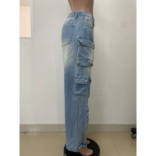Women Denim Trousers Streetwear Fashionable Solid Versatile Multi-pocket Casual Pants Ladies High Waist 2025 Summer and Fall New