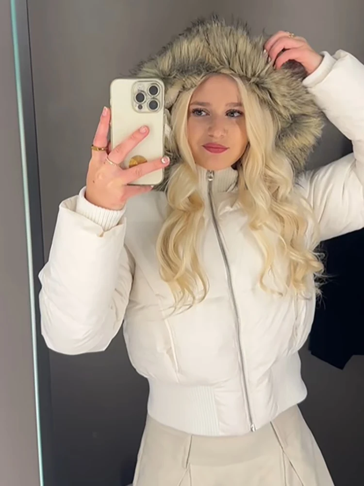 Women Faux Fur Hooded Crop Cotton Jacket Elastic Waist Zip Up Ribbed Hem Short Padded Coats Y2k Winter Warm Streetwear Outerwear