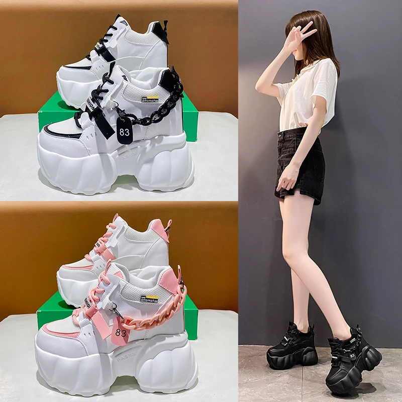 Novas mulheres casuais tênis de plataforma 10cm salto alto primavera esportes sapatos de couro respirável formadores tênis grossos zapatos mujer