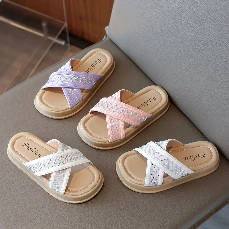 

Girls' Flat Heel Slippers 2025 Summer New Style Simple Cross toed Children's Cool Slippers Breathable Casual Children's Shoes