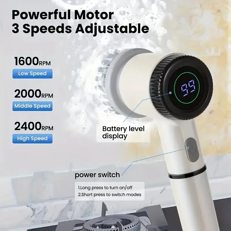 

3-скоростной электрический вращающийся скруббер — беспроводной электрический скруббер для душа 5 в 1 с цифровым дисплеем — 5 сменных насадок