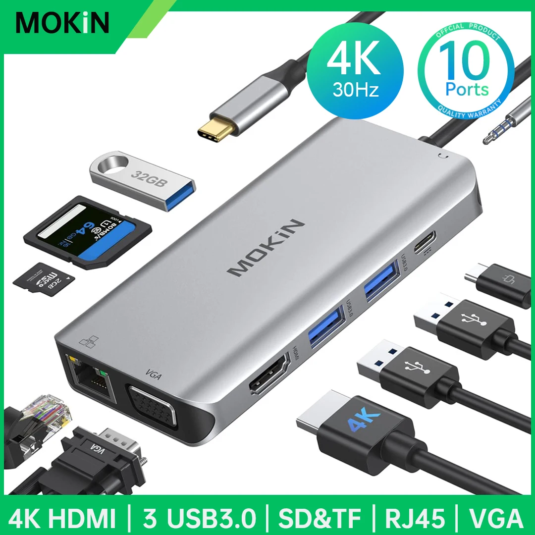 

MOKiN USB C Hub Multiport Adapter, 10 in 1 Dual Display USB C Docking Station with 4K HDMI VGA 100W PD 3USB 3.0 RJ45 for MacBook