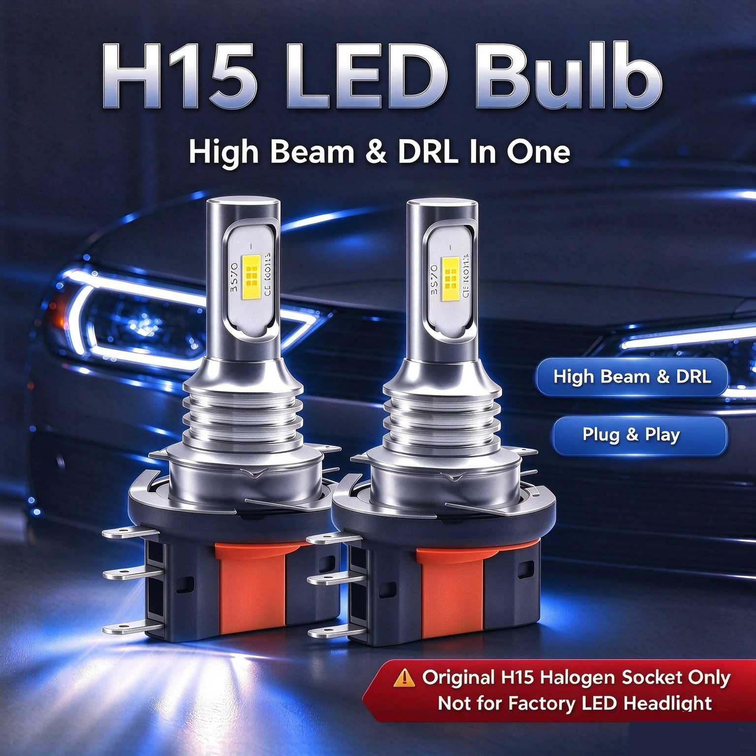 2PCS H15 High Beam Car LED Headlight Bulbs 80W 18000LM 6000K DRL Daytime Running Light Bulb DC12V 3570 CSP Chips Auto Light Bulbs