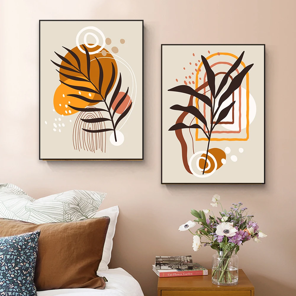 Abstract Orange Flower Print Poster Minimalist Wall Art Leaf Design Large Canvas Painting Modern Botanical Bedroom Wall Decor