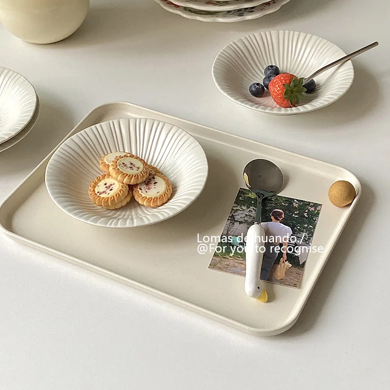 Plate French White Vertical Relief Simple Household Ceramic Yogurt Bird's Nest Cake Dessert Bowl High Appearance Level