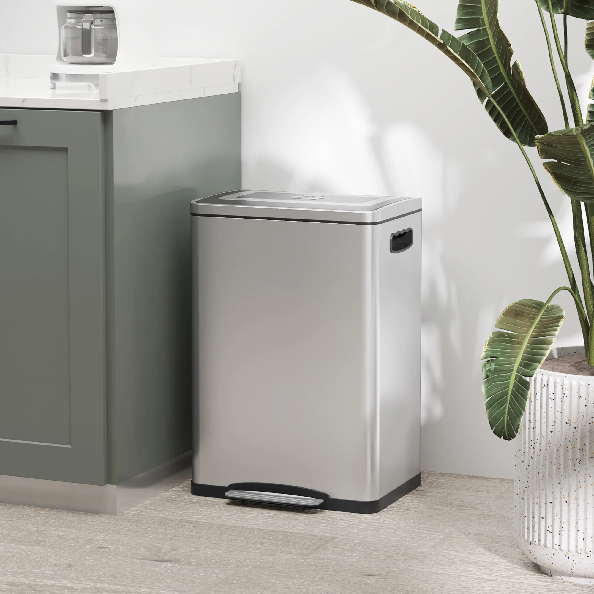 HOMCOM prullenbak 40L met voetpedaal, deksel en 2 binnenemmers, soft-close functie voor woonkamer of kantoor, roestvrij staal, zilver, 40x34,8x59cm