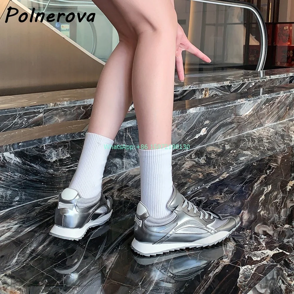 Pointy Toe Leisure Sneakers Patchwork Silvery Cross Tied Flat with Pumps New Fashion High Increase Ladies Casual Cool Shoes