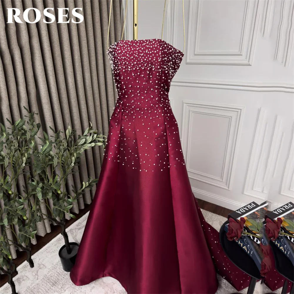 

ROSES Бордовое шикарное вечернее платье без бретелек из атласа для выпускного вечера с пайетками из бисера и струящейся юбкой فساتين السهرة Custo
