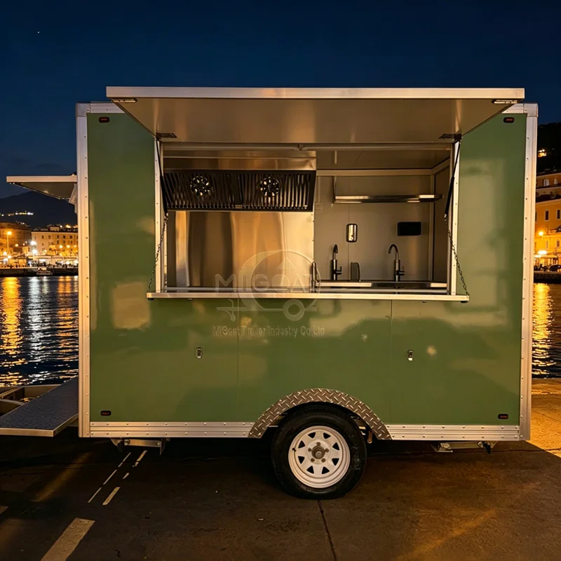 Premium Customized Green Stainless Steel Mobile Food Trailer Street Snack Vending Cart For Outdoor Festival Catering Business