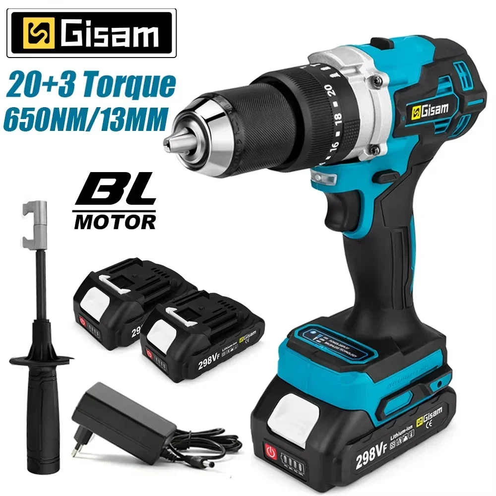 Gisam 650NM Brushless Electric Impact Drill 13MM Cordless Electric Screwdriver Chuck Driver Power Tool for Makita 18V Battery