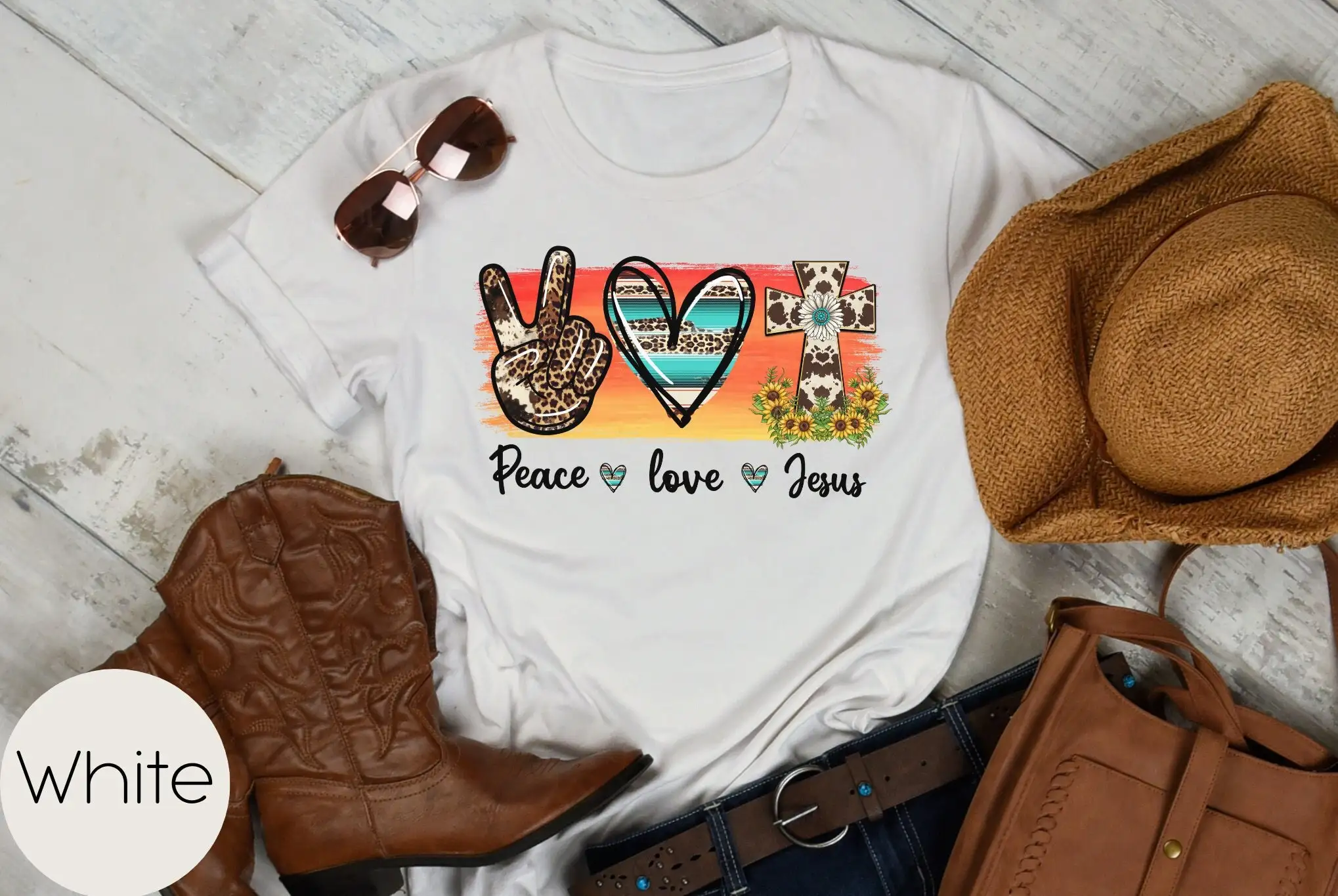 Leopard Print Love and Jesus T Shirt Aqua Turquoise Aztec Peace Western Women's Boho Christian for Mom Grandma