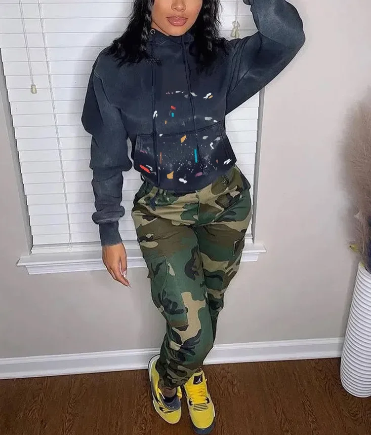 

Autumn Winter New Women Side Pocket Camouflage High Waist Pants Y2K Clothes 2023 Casual Print Streetwears Straight Lady Trousers