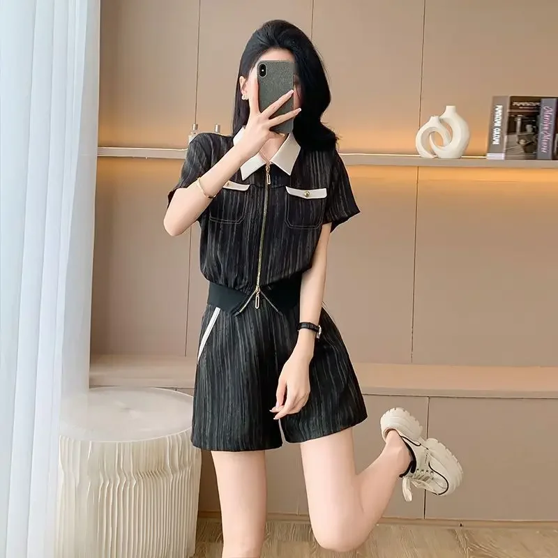 

Zipper Short Sets for Women 2 Pieces Wide-leg Promotion Business Suit with Tailoring Top and Bottom Full Two-piece Woman Shorts