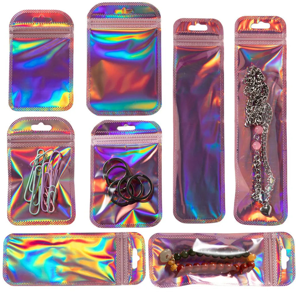 

50Pcs Self-Sealing Holographic Laser Bags Pouch Zipper Resealable DIY Ring Necklace Jewelry Display Packaging Gift Storage Bag