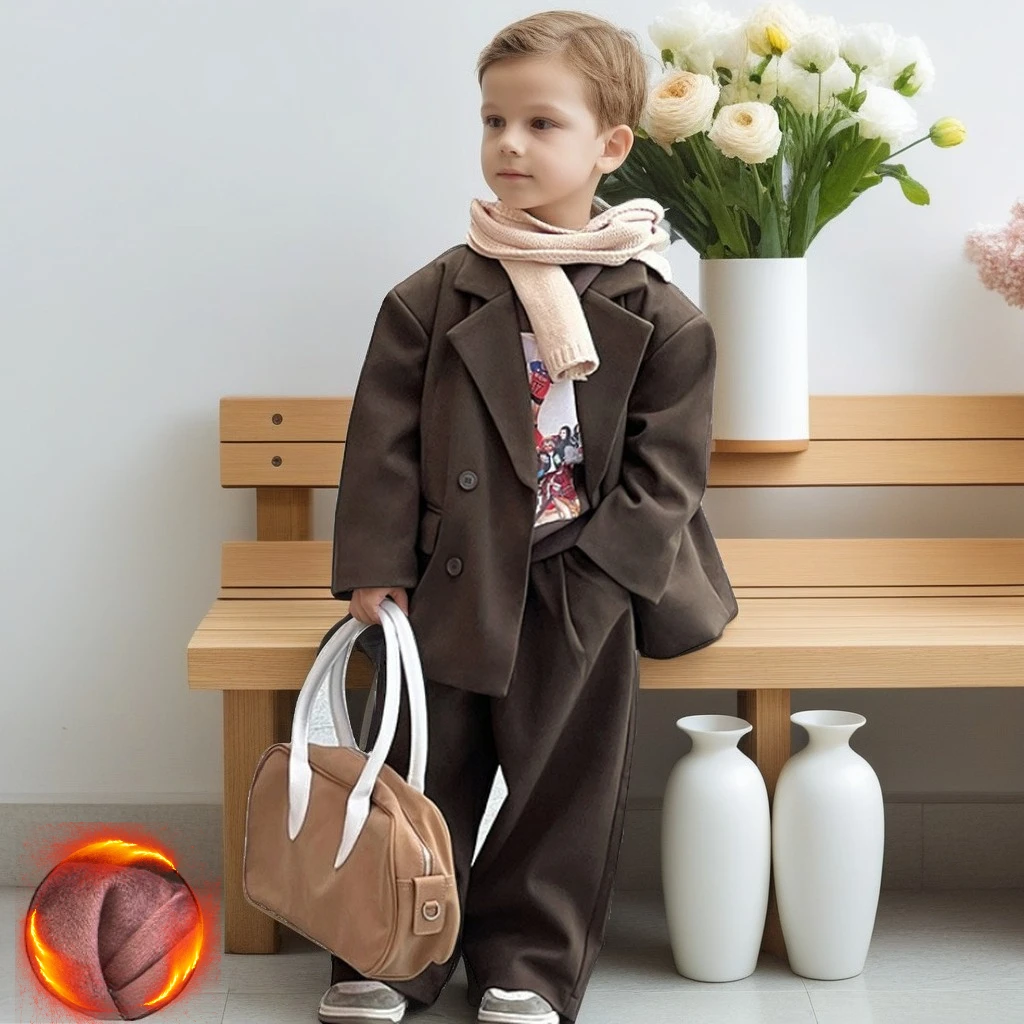 

Teen Boys Woolen Suit Set Autumn Winter Thicken Warm Casual Blazers Trousers 2-piece Children Formal Wedding Outfits 2-12 Years