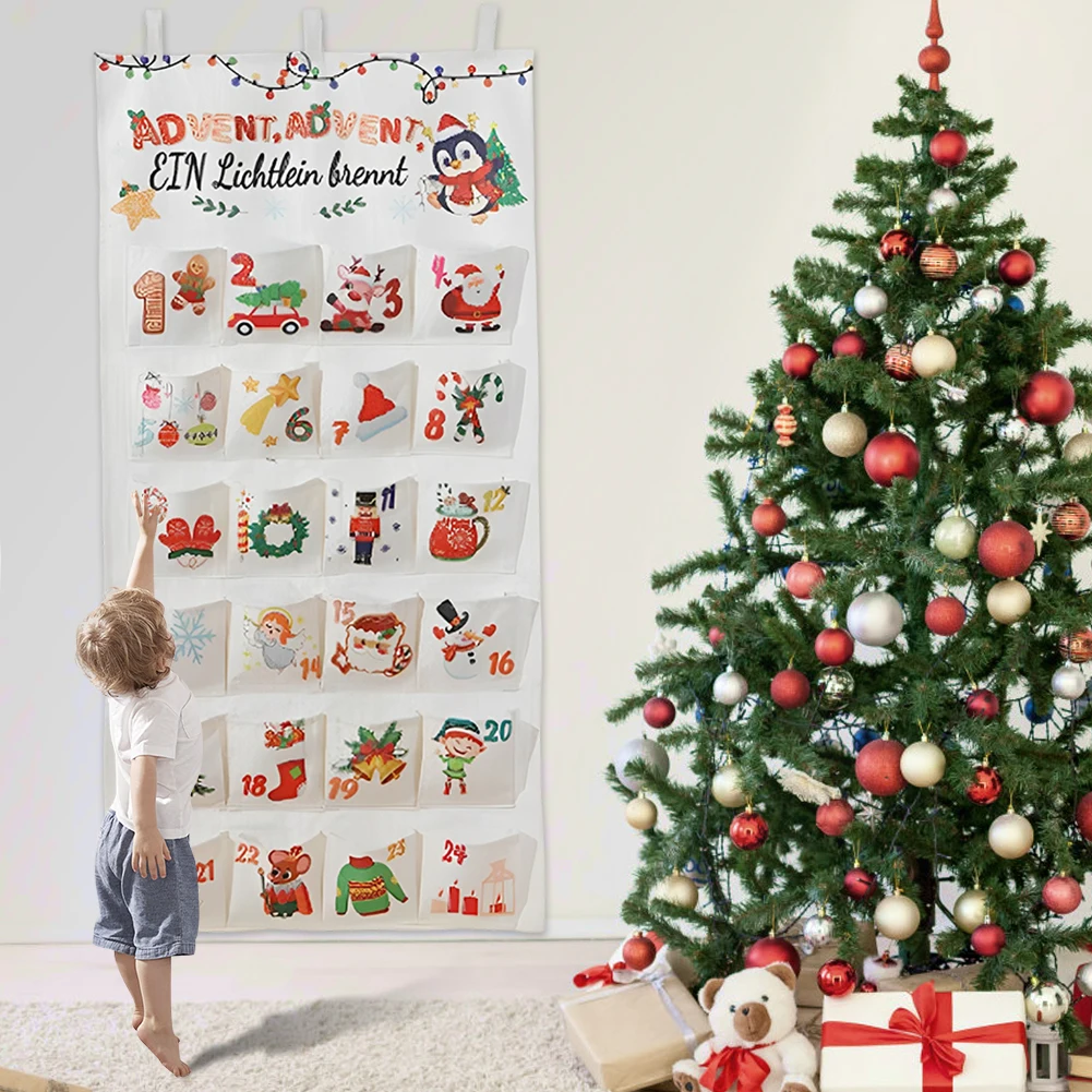 

Fabric Bag Christmas Advent Calendar Reusable Wall Hanging Packaging Bags Xmas Countdown Calendar with 24 Pockets Party Supplies