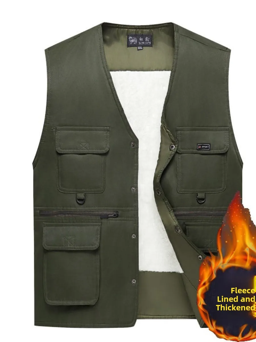 

Теплый жилет на флисовой подкладке для мужчин, повседневная рабочая одежда для активного отдыха, осенне-зимний терможилет, свободный крой, V-образный вырез