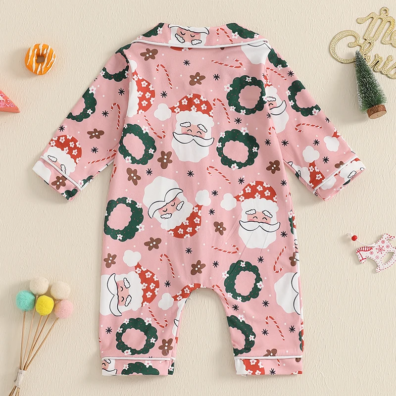 Kids Girls Christmas Pajamas Santa Claus Print Button Long Sleeves Jumpsuit for Loungewear Sleepwear