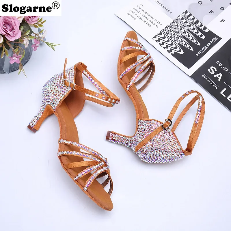 New Latin Shoes Women Diamond Pearl Satin Shining Dance Shoes High Heels Party Sandals Salsa Jazz Ballroom Dance Sneakers Pumps