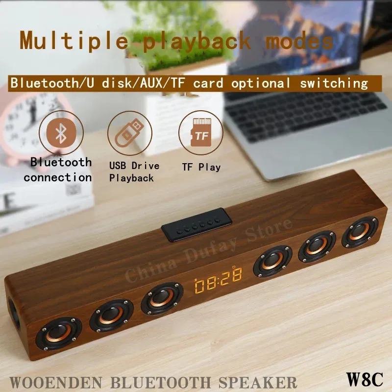 Wireless Bluetooth 5.0 Speakers For Computers Wooden Alarm Clock Display Sound System Player with AUX TF FM Radio Subwoofer Box