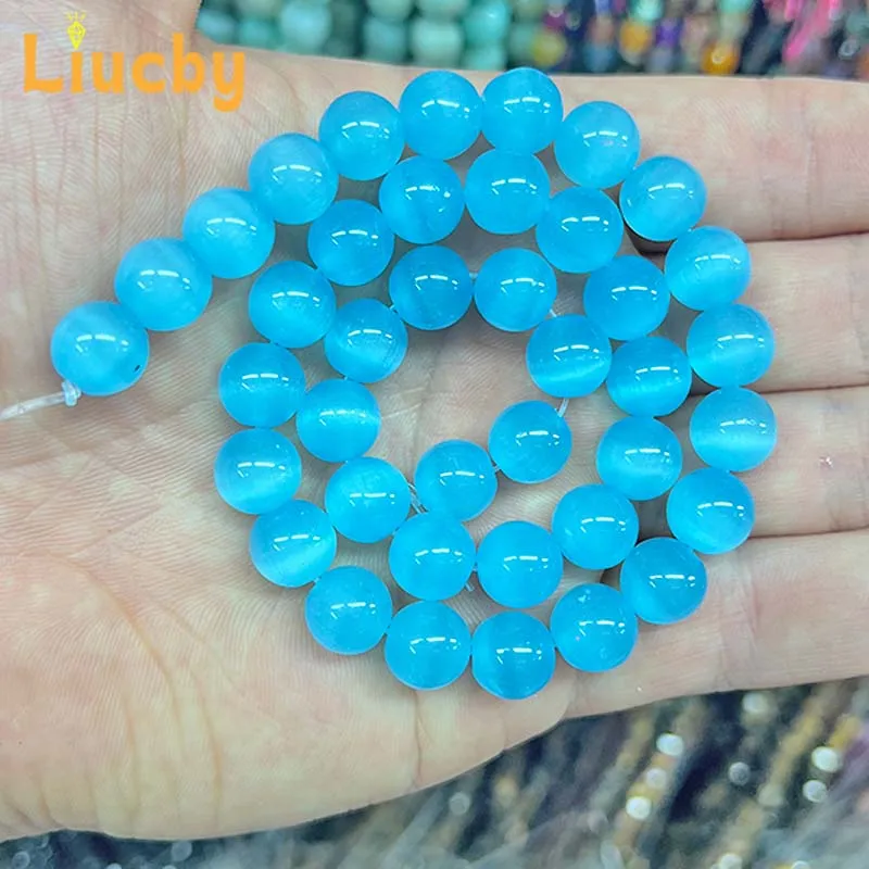 Hellblaue Katzenaugen-Rundperlen aus natürlichem Leuchtstein, DIY-Zubehör, Dekoration, Halskette für Schmuckherstellung, 15 Fuß Strang, 6/8/10 mm – Detail 7