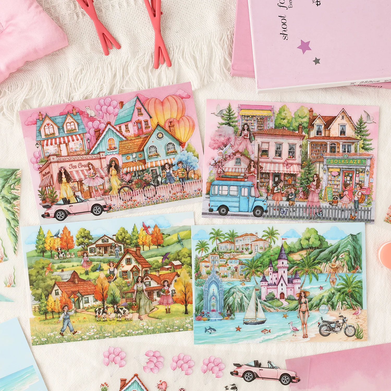 Miniatur-Aufkleber mit Seaside Home Castle-Thema für Büro-Stressabbau, DIY-Scrapbooking, Tagebuch, Handyhülle, Laptop, Gitarre