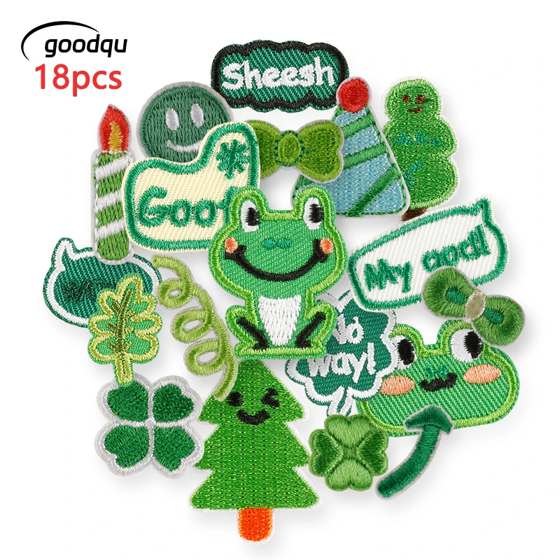 18 Stück kleine grüne Aufnäher zum Aufbügeln, Jacke für Kleidung, Thermo-Lot, Aufkleber-Set, Nähen, niedliche Stoffe, Kinder, DIY, bestickte Tiermasse – Detail 1
