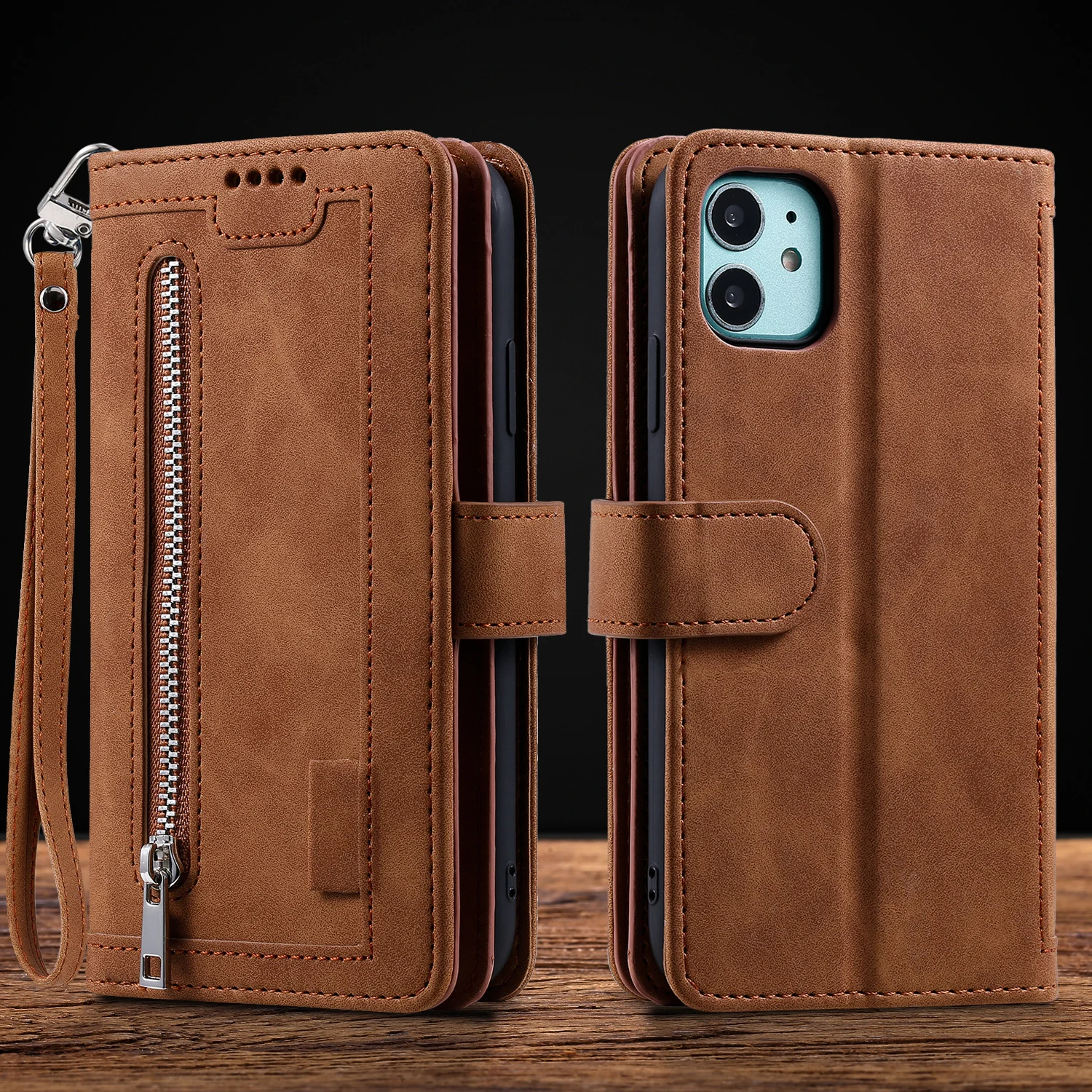 Multicard Solt Zipper Flip Leather Wallet Case dla iPhone 14 15 Pro Max 13 12 Mini 11 SE 2022 X 6 6s 7 8 Plus XR XS Book Cover — zdjęcie produktu 5