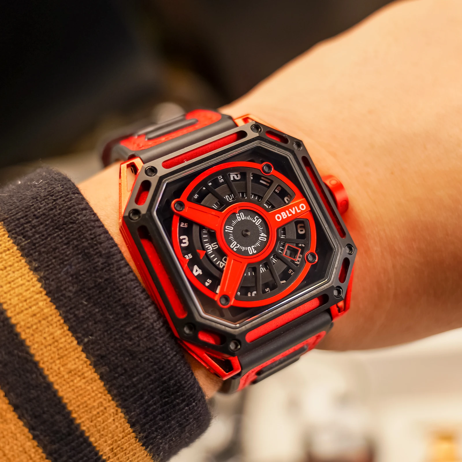OBLVLO Mens Red Square Automatic Military Watch Luminous Self-Wind Mechanical Waterproof Leather Strap Sport Watch AK-E