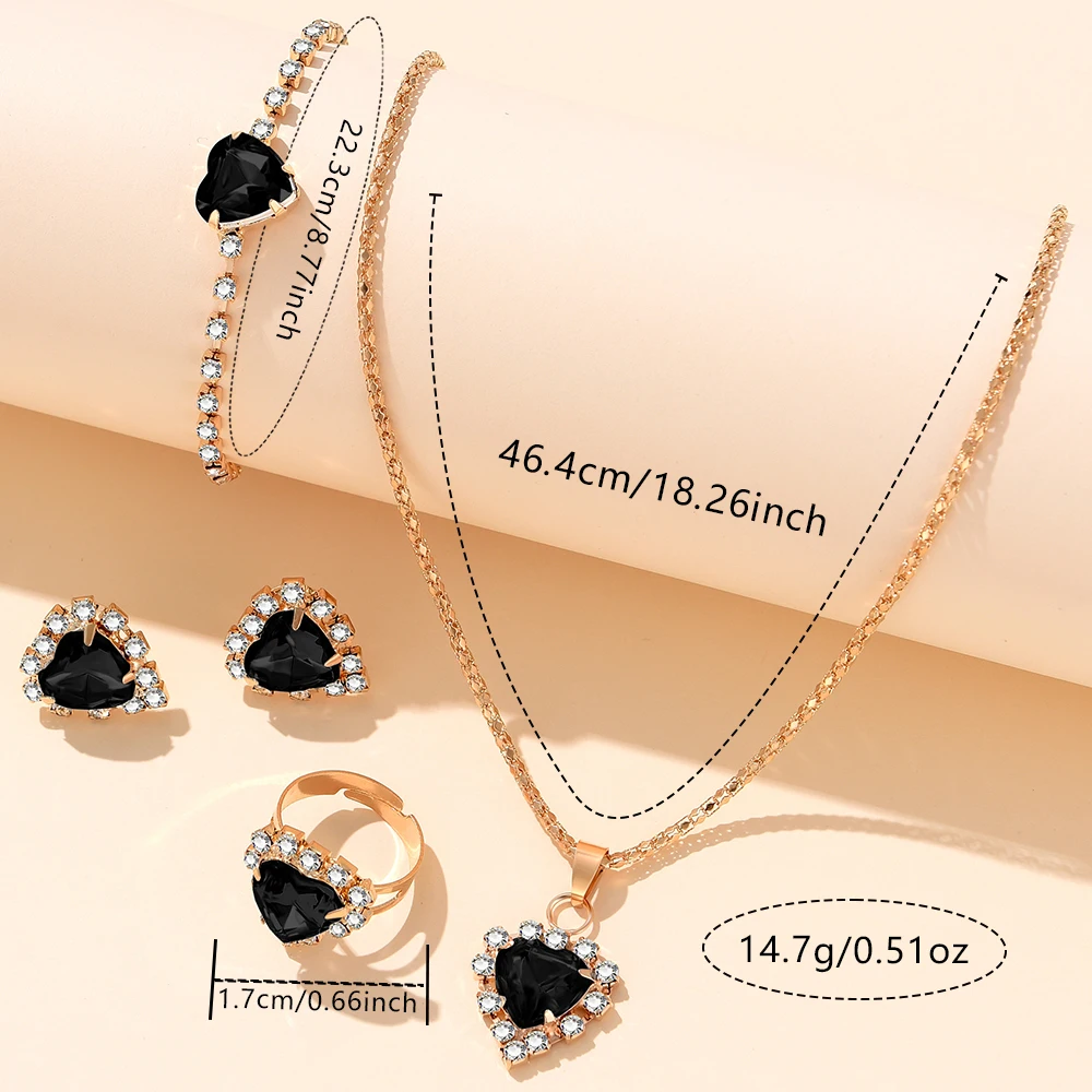 Black Women Watch 6PCS/Set Cute Heart Shaped Quartz Wristwatch Elegant Water Diamond Simulated Watch Jewelry Set Gift For Mom 