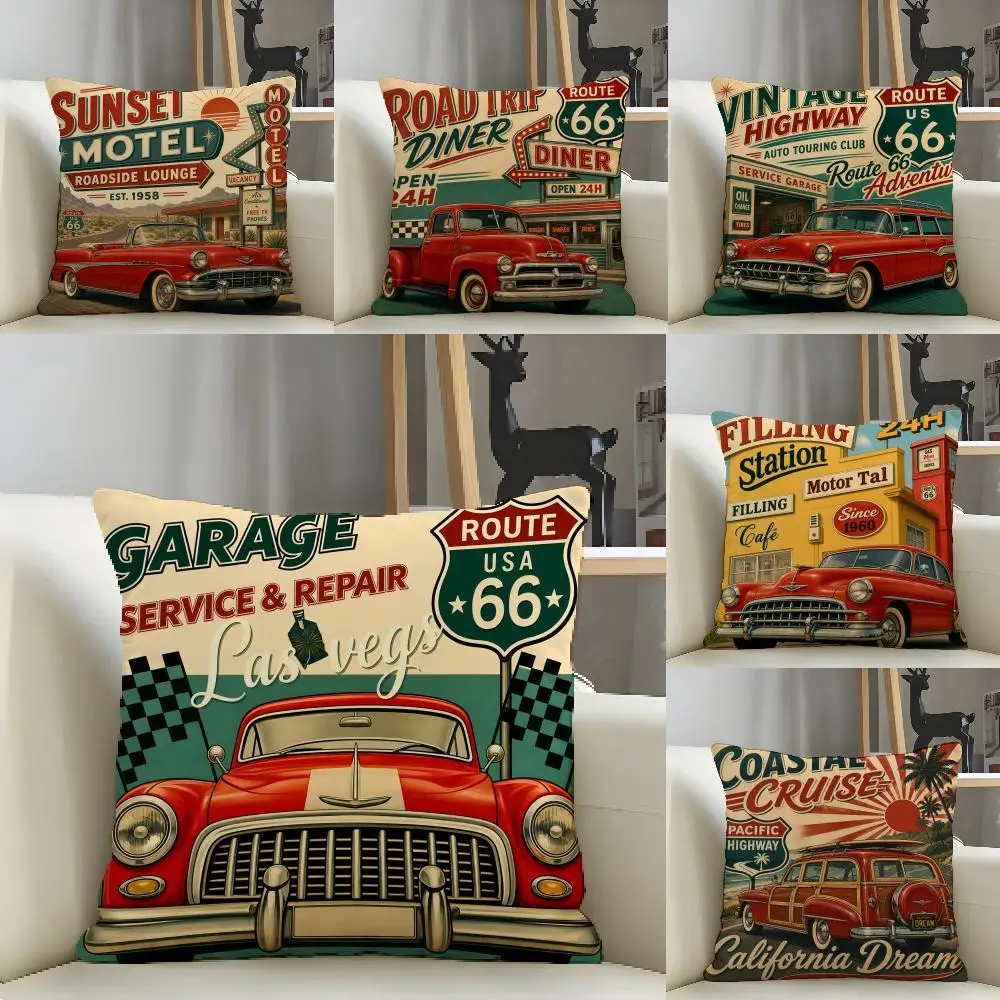 Vintage Route 66 Car Motorcycle Cushion Cover Natural Linen Pillow Case Organic Fabric Double Sided Print Sofa Home Decor Gift