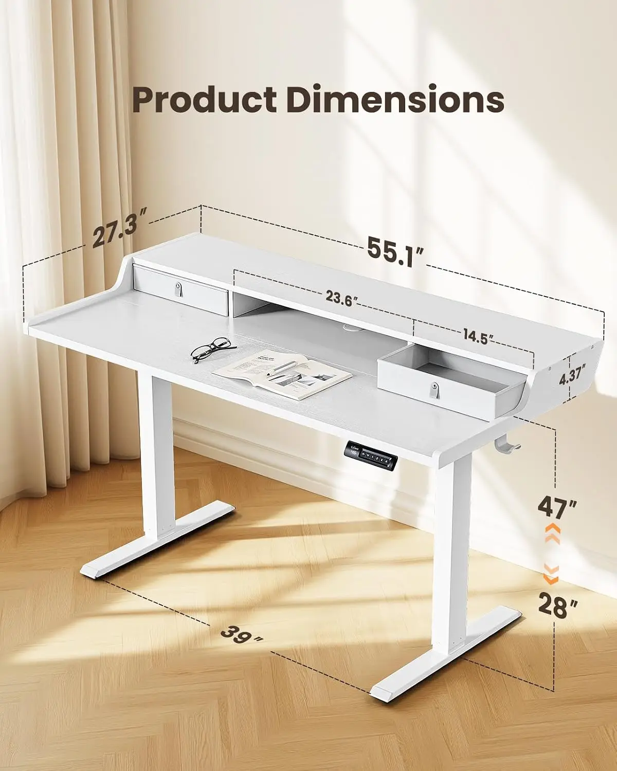 Electric Standing Desk with Drawers, 55x28 Inch Height-Adjustable Table, Monitor Stand, 4 Presets,, Customized