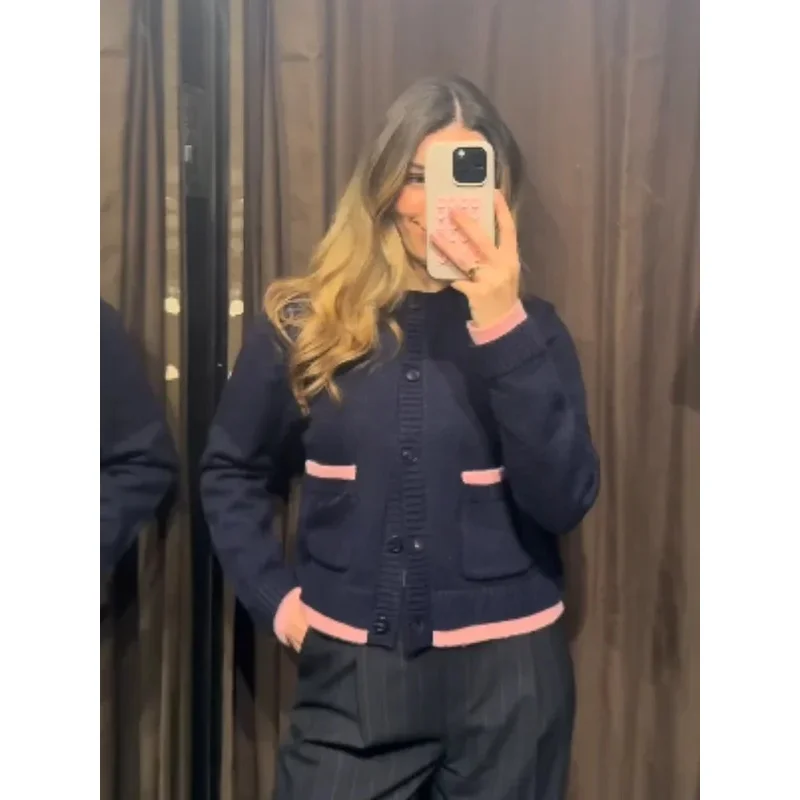Fashion Color Blocking Knitted Cardigan Women Long Sleeve O Neck Single-breasted Pocket Sweater Jacket Casual Loose Knitwear Top