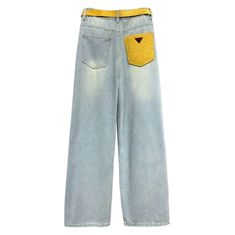 Spliced   pockets Washed Simple Light-colored Jeans High-waisted Loose Versatile Straight-leg Wide-leg Trousers