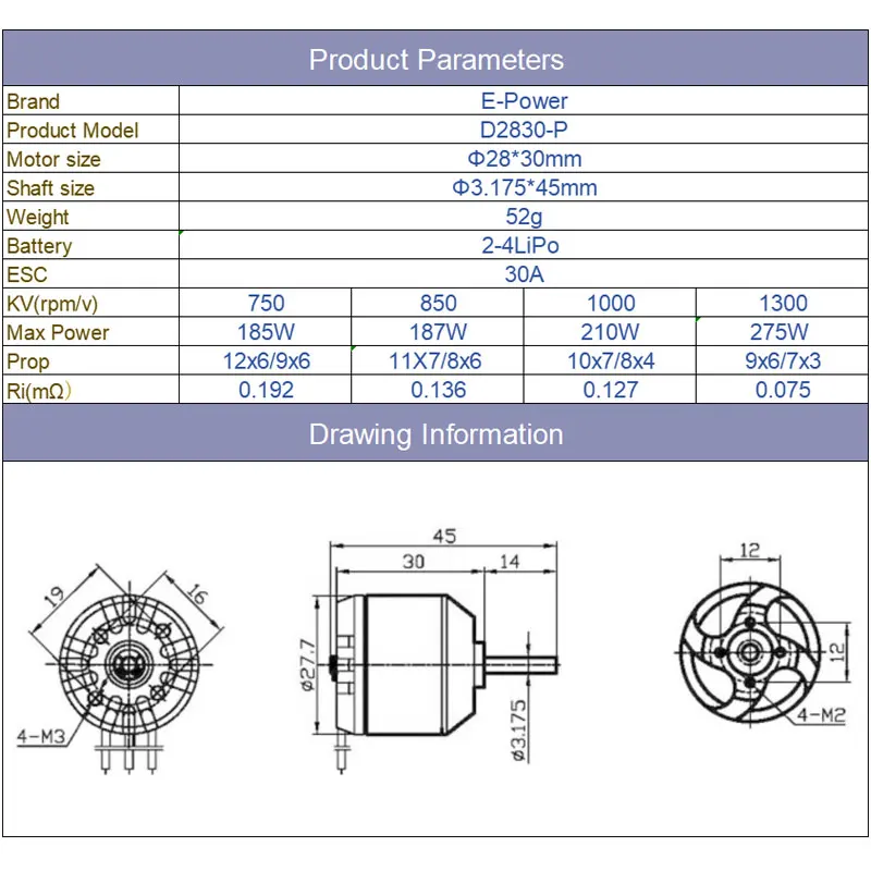 E-Power 브러시리스 모터, D2830 2830 750KV 850KV 1000KV 1300KV, 고토크 저소음 RC 멀티콥터, 고정익 모터 부품 완구