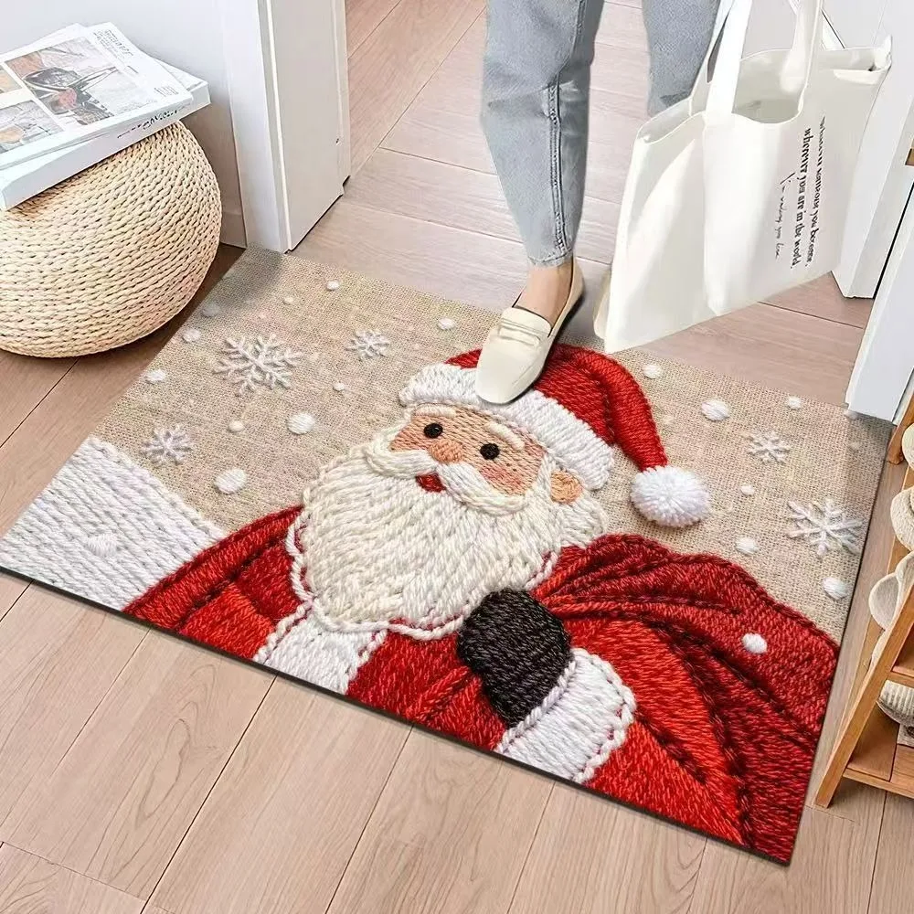 2D Flat Christmas Floor Mat Cartoon Blessing Words New Year Anti Slip Mat Christmas Tree Weaving Texture Welcome Door Mat