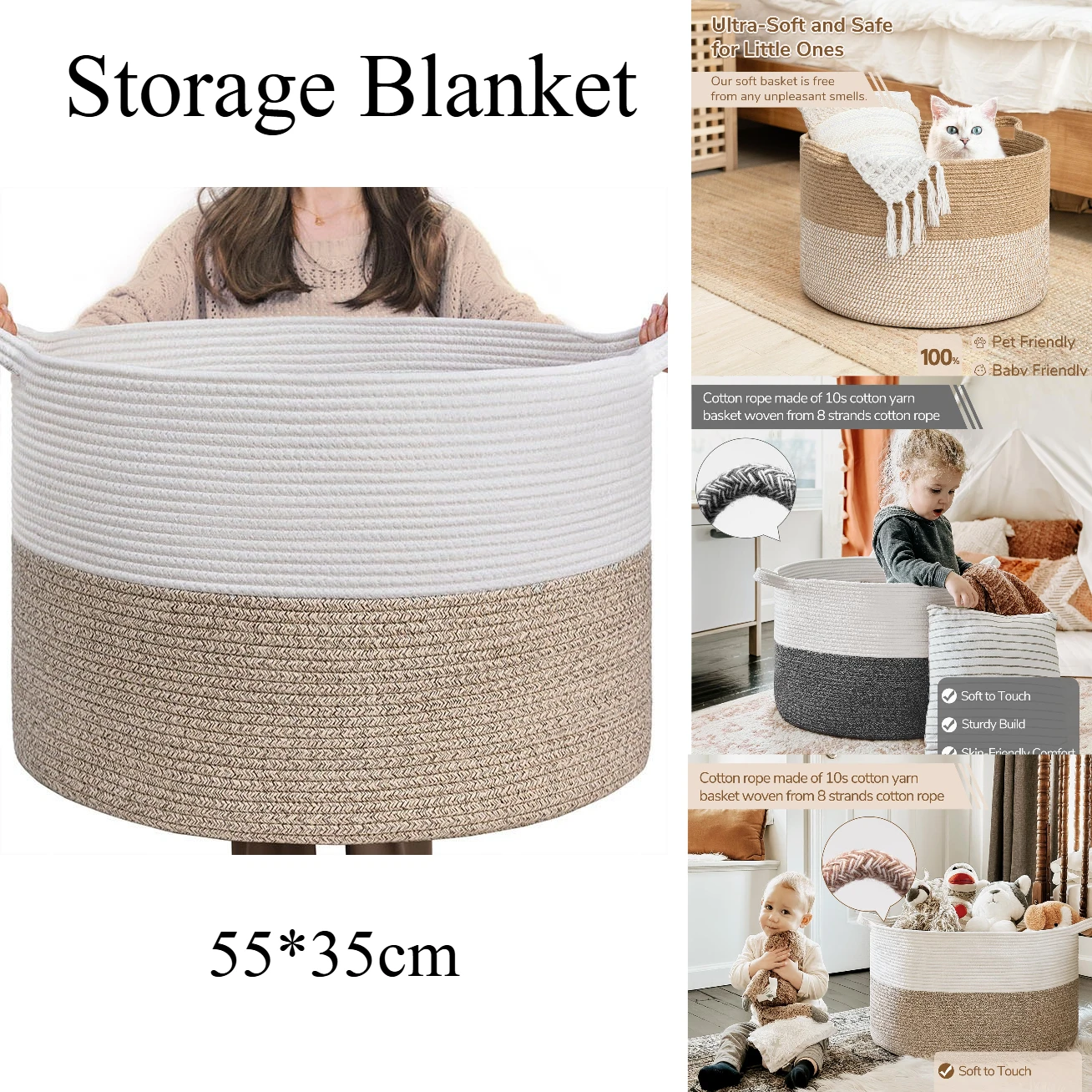 55*35cm Cotton Rope Basket Woven Baby Laundry Toy Blanket Basket with Handle Storage Comforter Cushions Thread Laundry Hamper