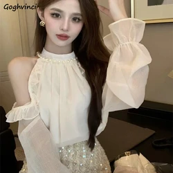 Off Shoulder Blouses Women Spring Halter Chiffon Long Sleeve Edible Tree Fungus French Style Elegant Ladies Temperament Tender