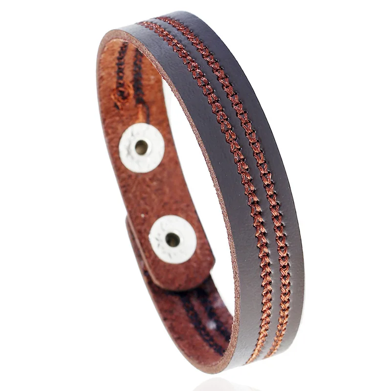 Retro Hand Double Stitch Leather Wrist Bracelet Two Snap Buttons Adjustable Cow Leather Band Gothic Biker Unisex Daily Accessory