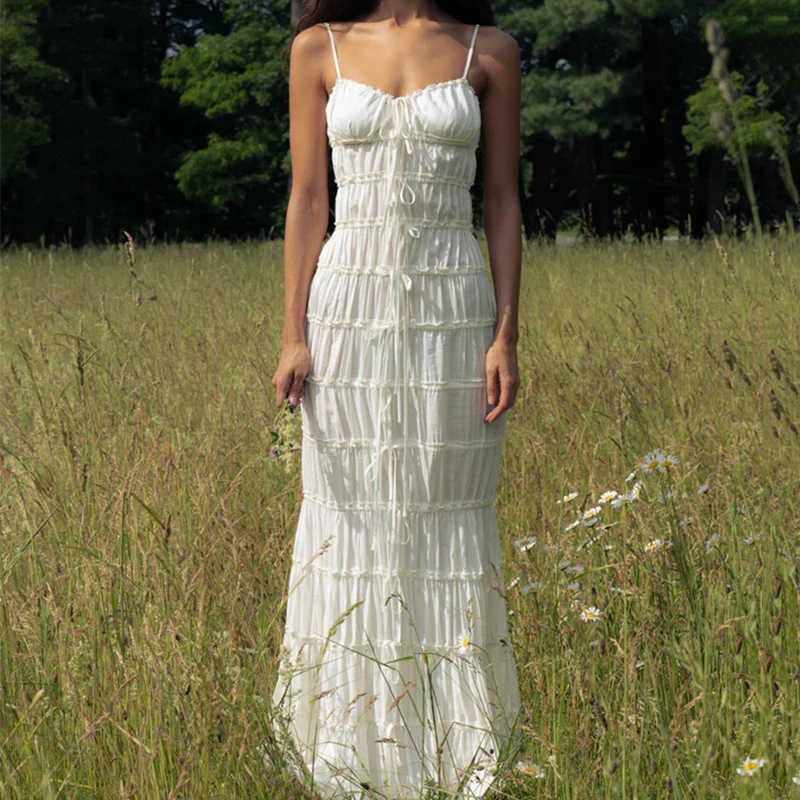 

Fashion Fold Backless Strap Dresses Spring Women Sleeveless Wrap the Chest Dress Summer High Waist Camisole Ankle Length Dress