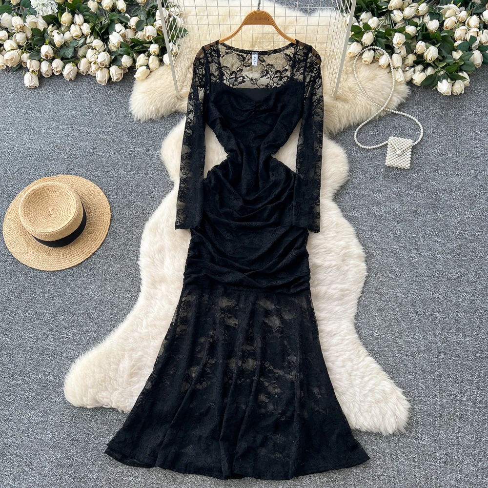 Chic vintage Sexy collo quadrato Elegante fata moda coreana Boho abito a sirena abito da donna