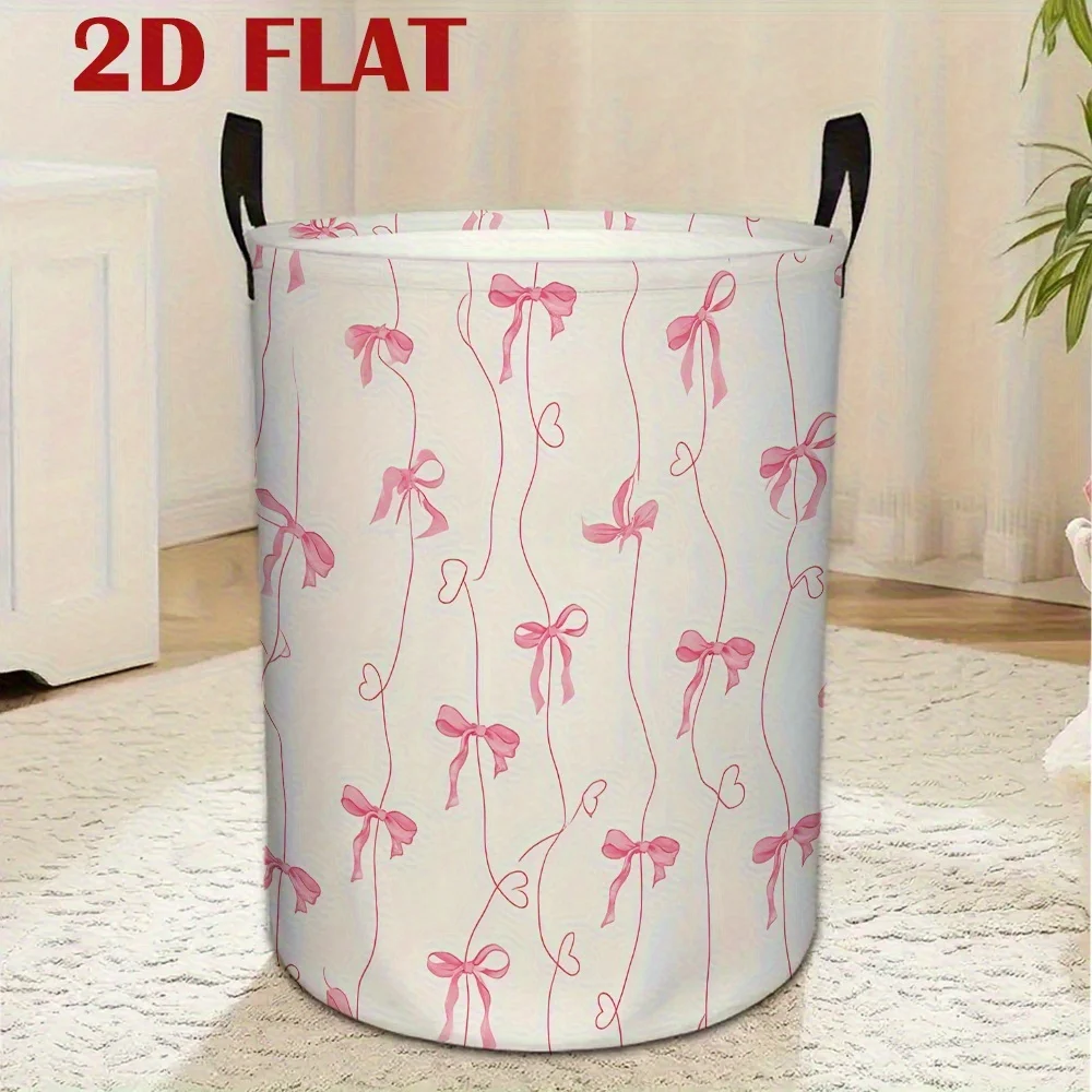 Dirty Clothes Basket Pink Bow Heart Line Pattern Polyester Toy Storage Basket Portable Foldable Large Capacity Storage Basket