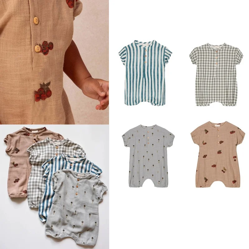 

Children's Clothing Cute Baby Rompers 26 Summer Strioped Plaid Printed Newborn Clothes Short Sleeve Infant Jumpsuit Sets Kids