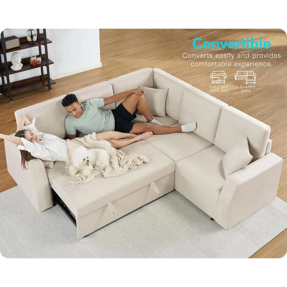

Sofa Bed, 85 Inch Sleeper Couch with Storage Seat, L Shaped Sofa with Pull Out Sofa Bed, Sectional Couches for Living Room Apar