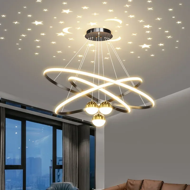 Nordic Led Pendant Lamp Black Creative Living Room Bedroom Romantic Starry Hanging Lamp Gold Circular Lamps Aesthetic Room Decor