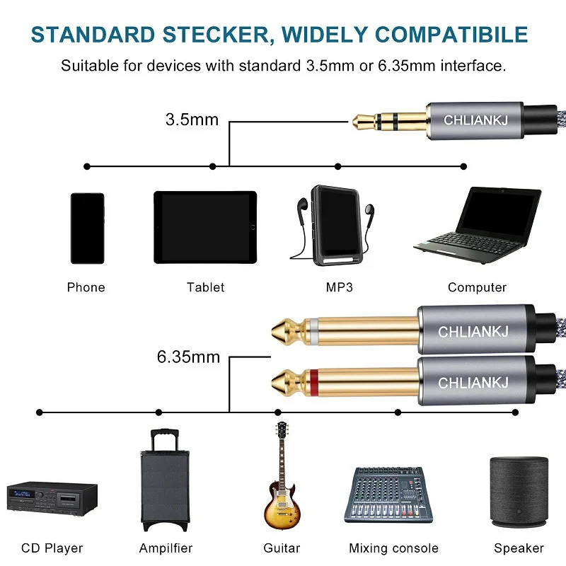 Lungfish 3.5mm jack, dual 6.3mm mono Y audio Cabell, 3.5mm stereo jack, 2 x 6.35mm jack, suitable for speakers, MP3, etc