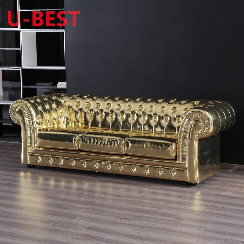 U-BEST francuski luksusowy 3 zestaw salon Chesterfield Sofa klasyczny salon akcent Sofa 3 osobowa złoty kolor Sofa