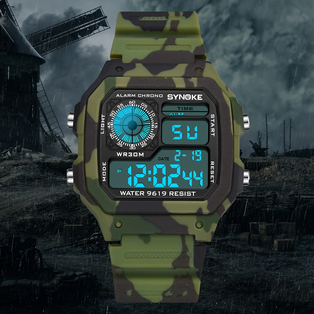 SYNOKE Men Outdoor Sports Multifunctional Waterproof Large Screen Display Luminous LED Digital For Men Fashion Camouflage Watch