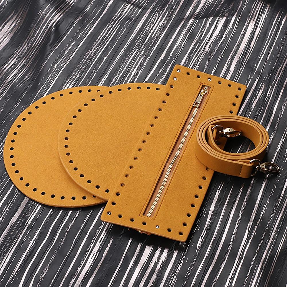 1Set PU Leather Knitting Crochet Bag Bottom Handbag Shoulder Strap Handmade Patchwork Handle Bag Material for Women DIY Bag