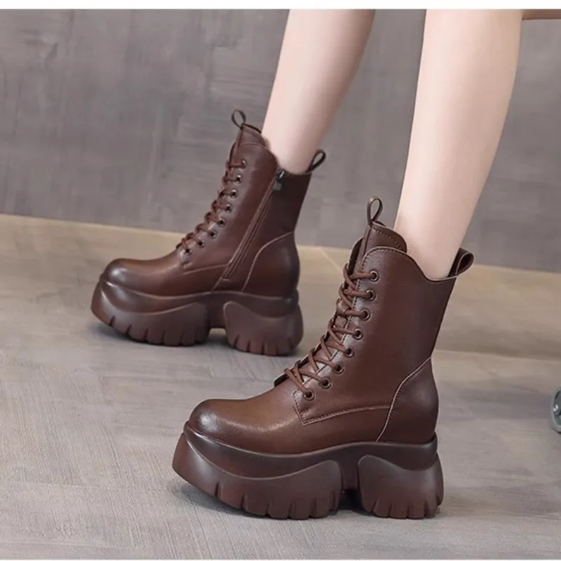 Botas de meia panturrilha com zíper lateral para mulheres, cordões dianteiros, saltos de plataforma, escritório e carreira, venda quente, nova moda, 2024